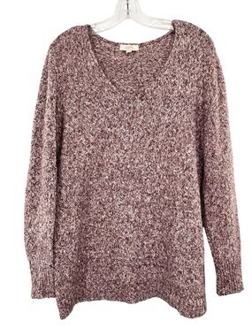 Loft Burgundy Oatmeal Marled V-Neck Knit Tunic Sweater Medium